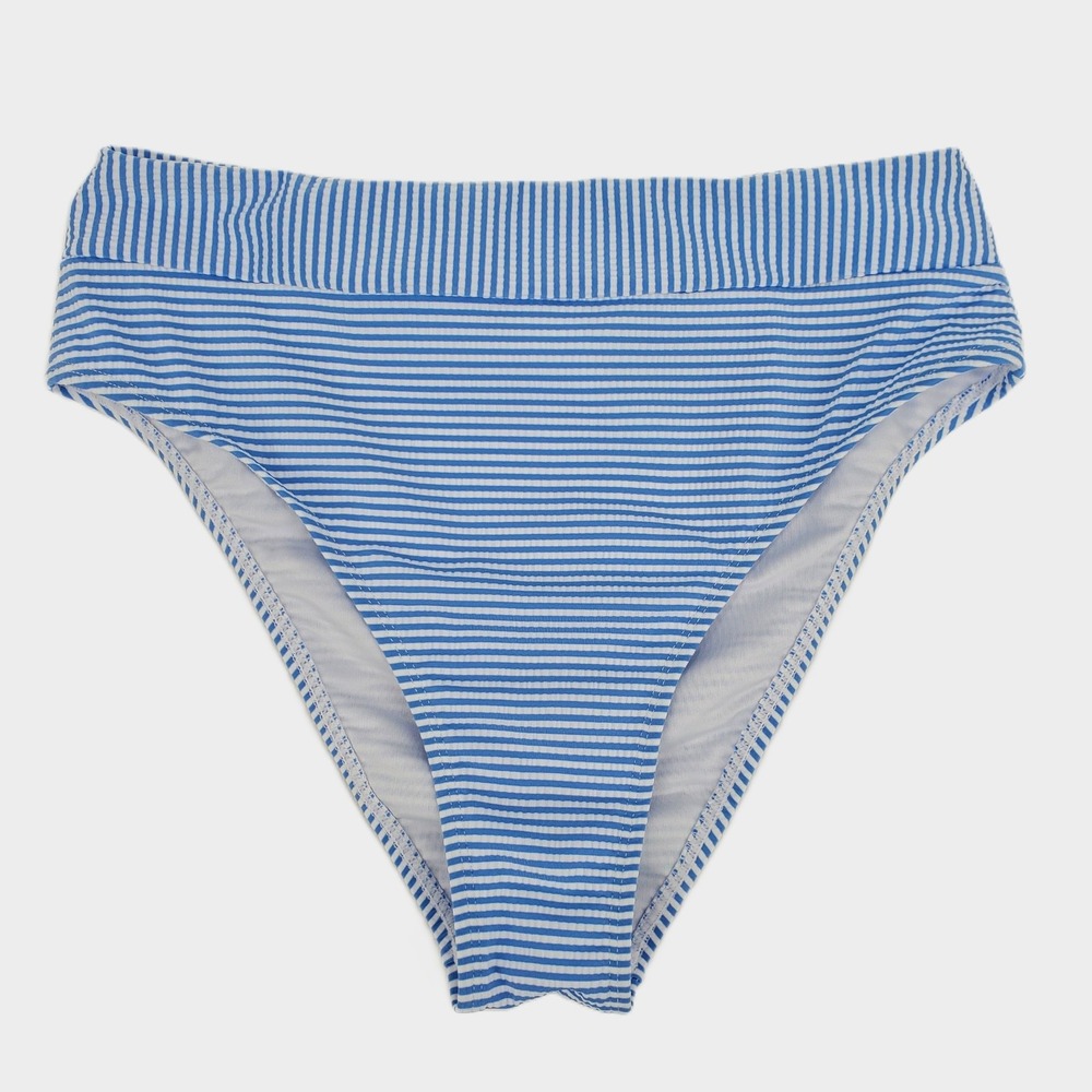 Cupshe Womens Medium Blue‎ White Striped Ribbed High Waist Bikini Bottom New